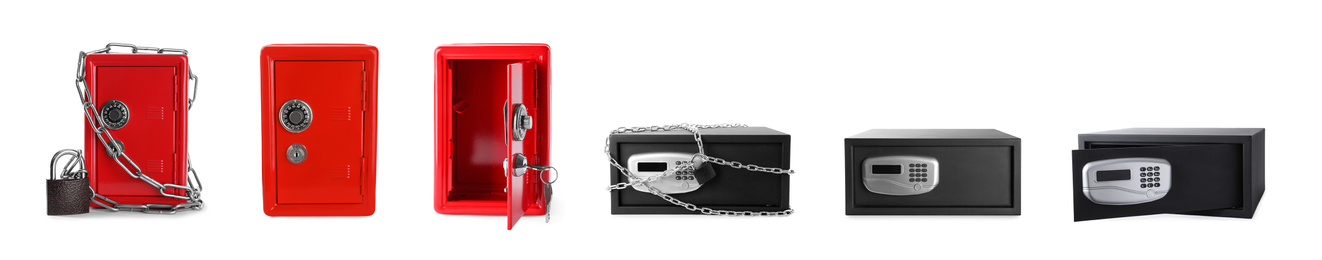 Image of Set of steel safes on white background. Banner design 