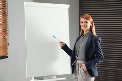 Photo of Professional business trainer near flip chart in office