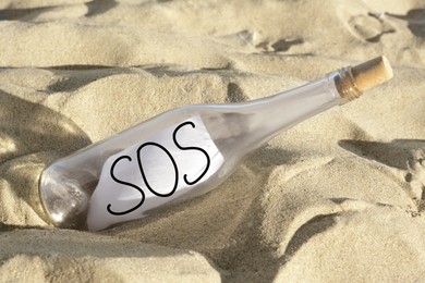 Glass bottle with SOS message on sand outdoors