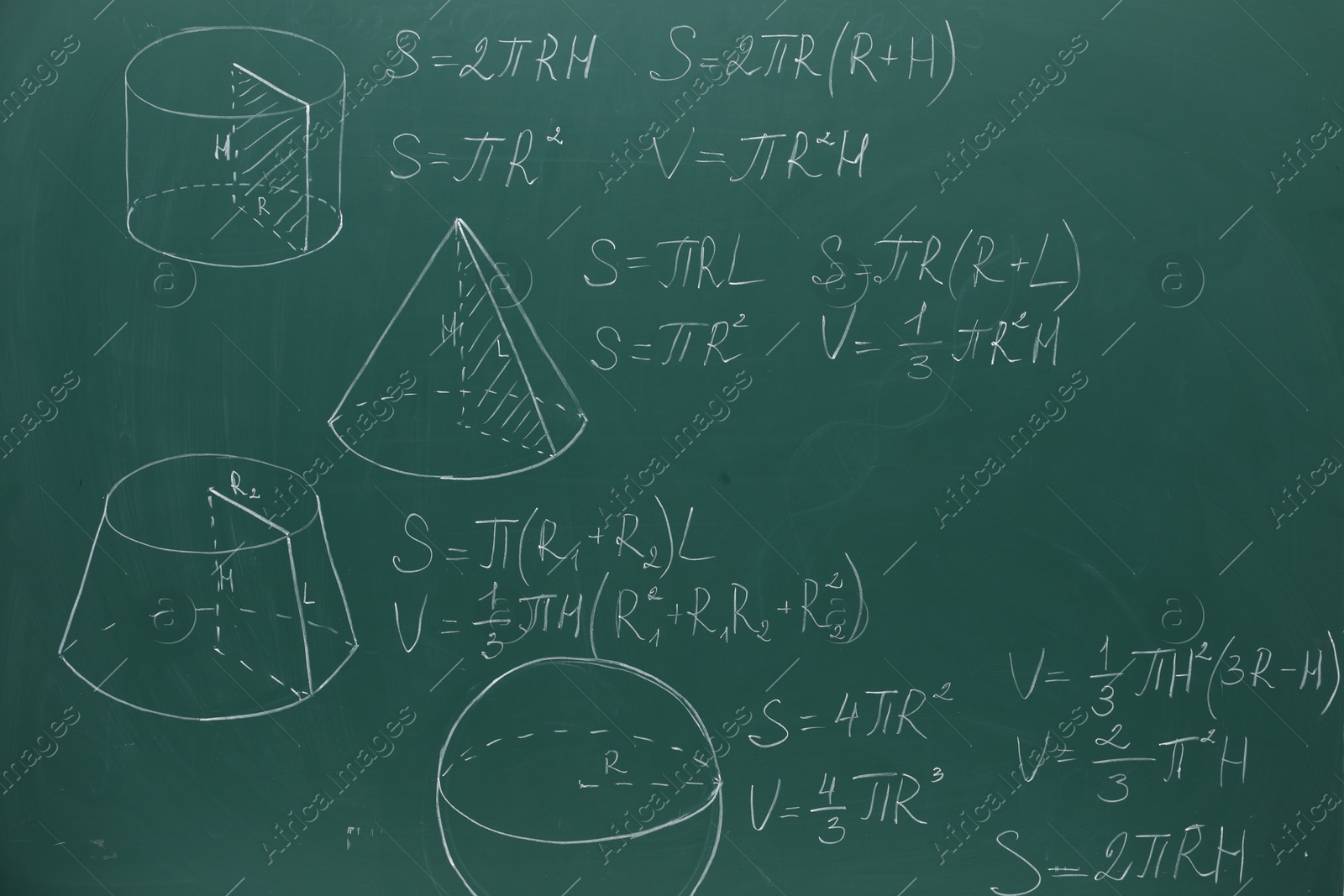 Photo of Different math formulas written with chalk on green board