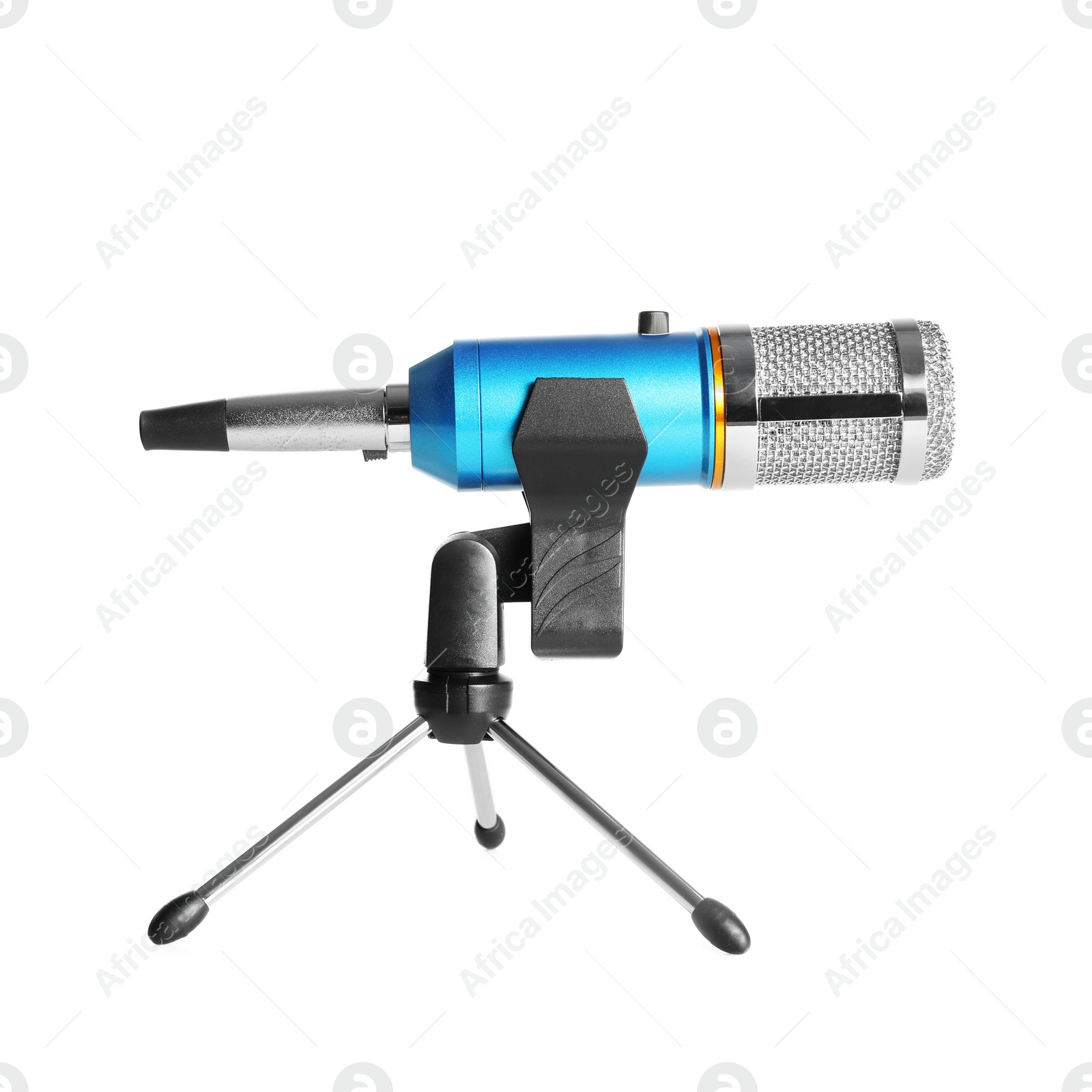 Photo of Modern microphone isolated on white. Journalist's equipment