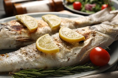 Photo of Delicious baked fish, tomato, lemon and rosemary on plate, closeup