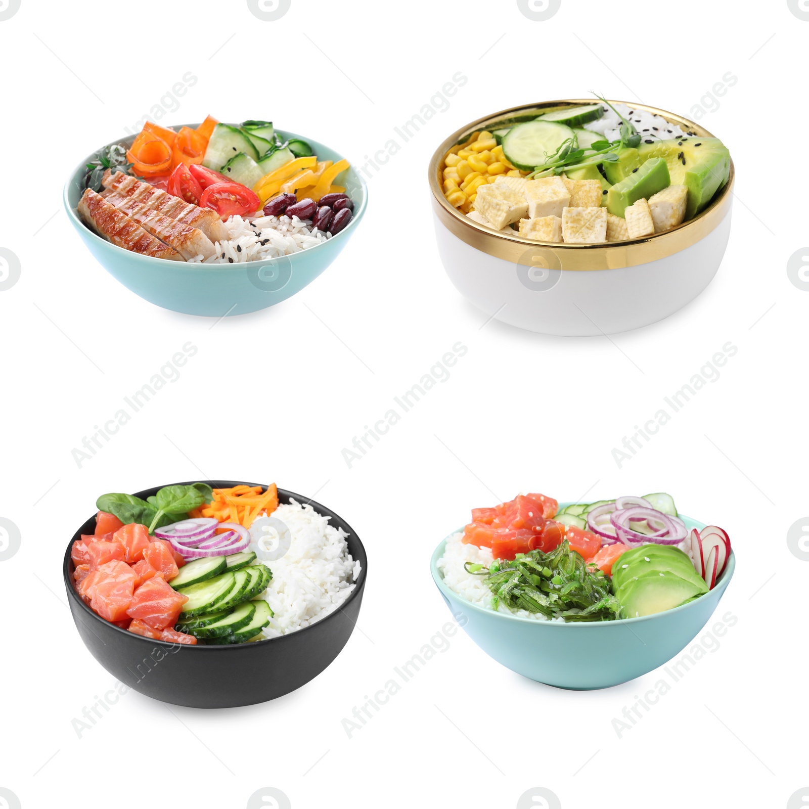 Image of Collage of different poke bowls isolated on white