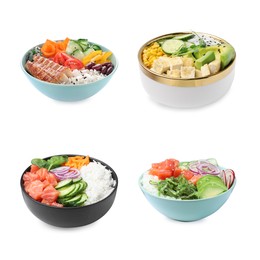 Collage of different poke bowls isolated on white