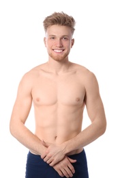 Photo of Portrait of young man with slim body on white background