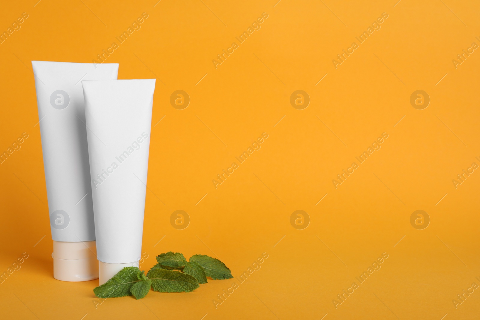 Photo of Blank tubes of toothpaste and mint leaves on orange background. Space for text