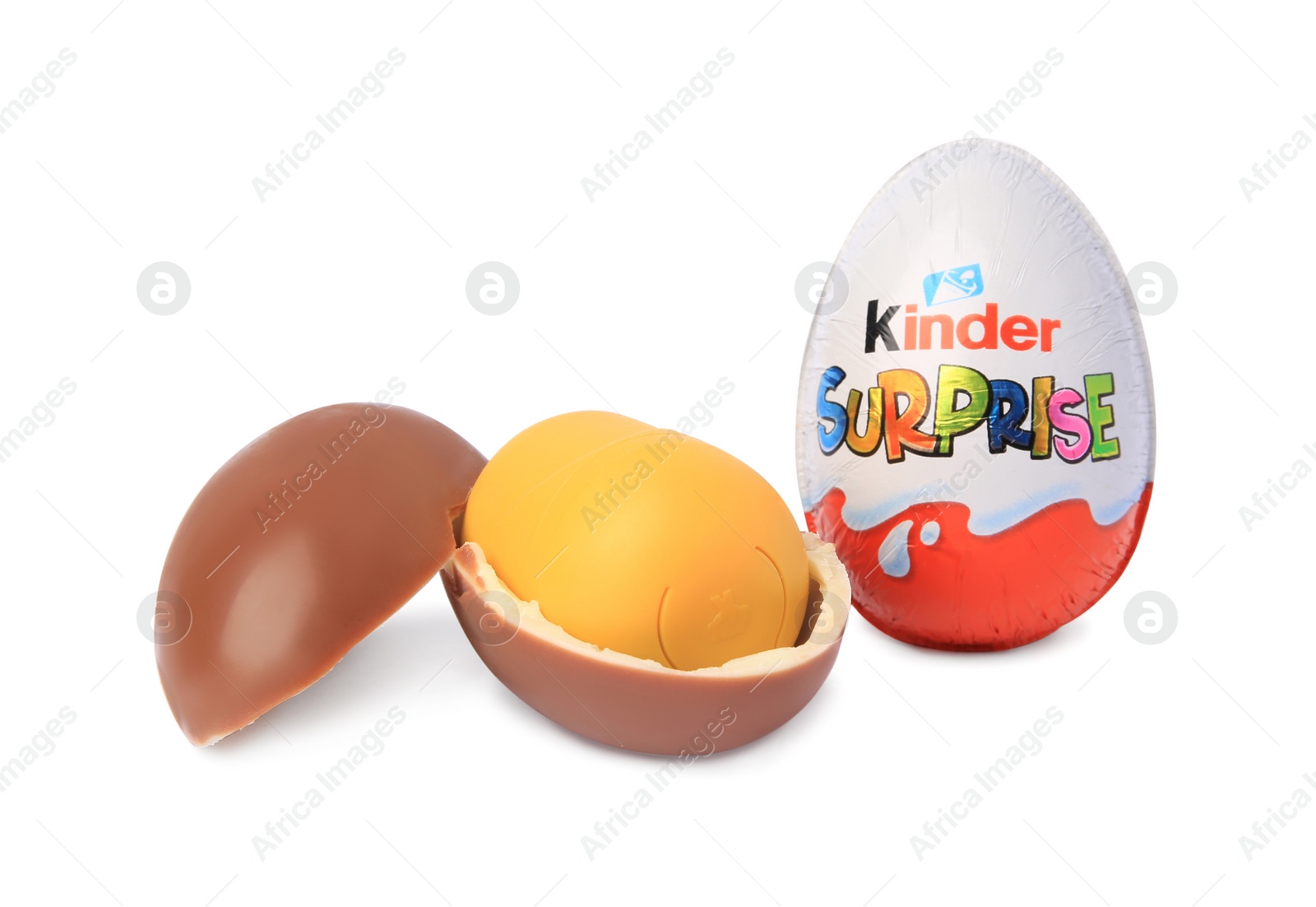 Photo of Slynchev Bryag, Bulgaria - May 23, 2023: Kinder Surprise Eggs and plastic capsule with toy on white background