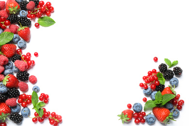 Photo of Mix of fresh berries on white background, flat lay