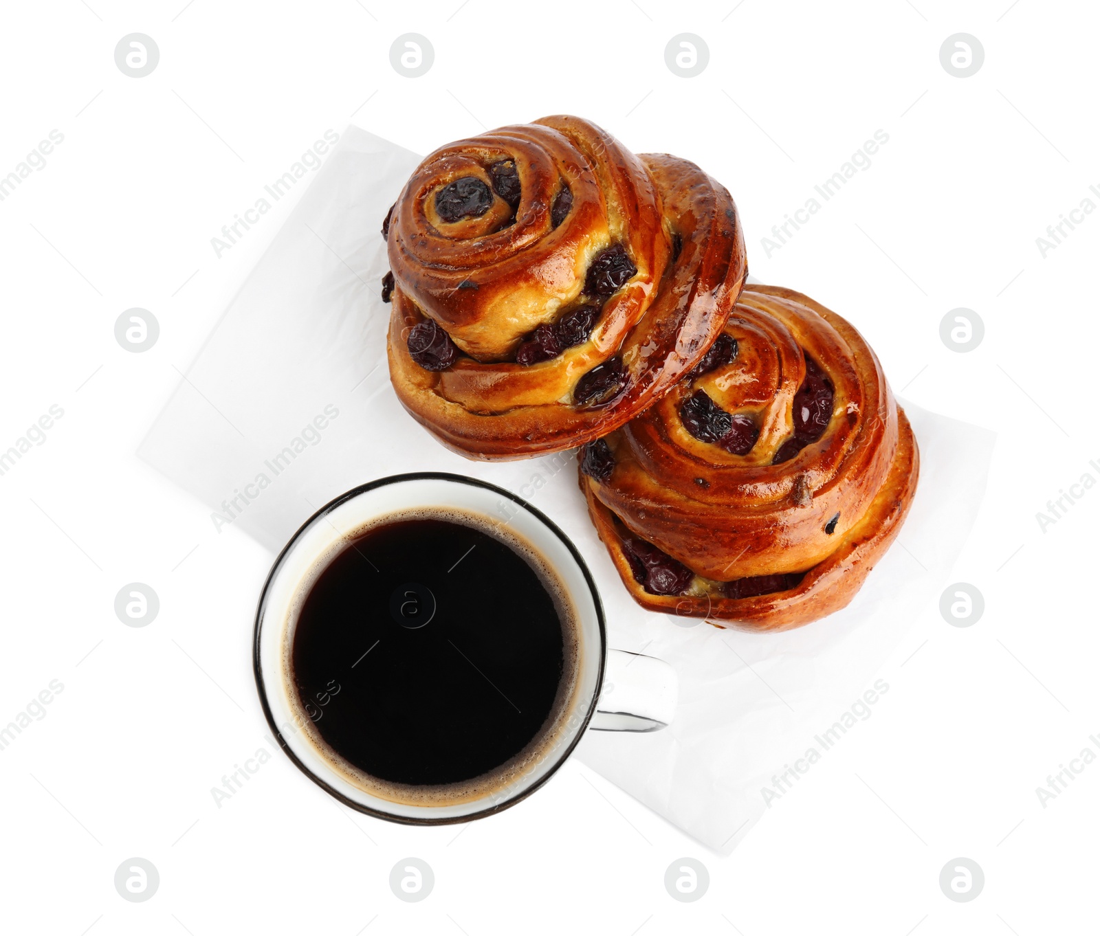 Photo of Delicious pastries and coffee on white background, top view