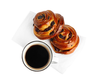 Delicious pastries and coffee on white background, top view