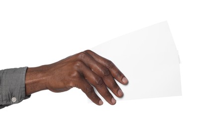 African American man holding flyers on white background, closeup. Mockup for design