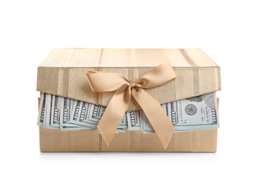 Gift box with dollar bills isolated on white