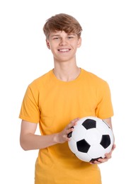 Photo of Teenage boy with soccer ball on white background