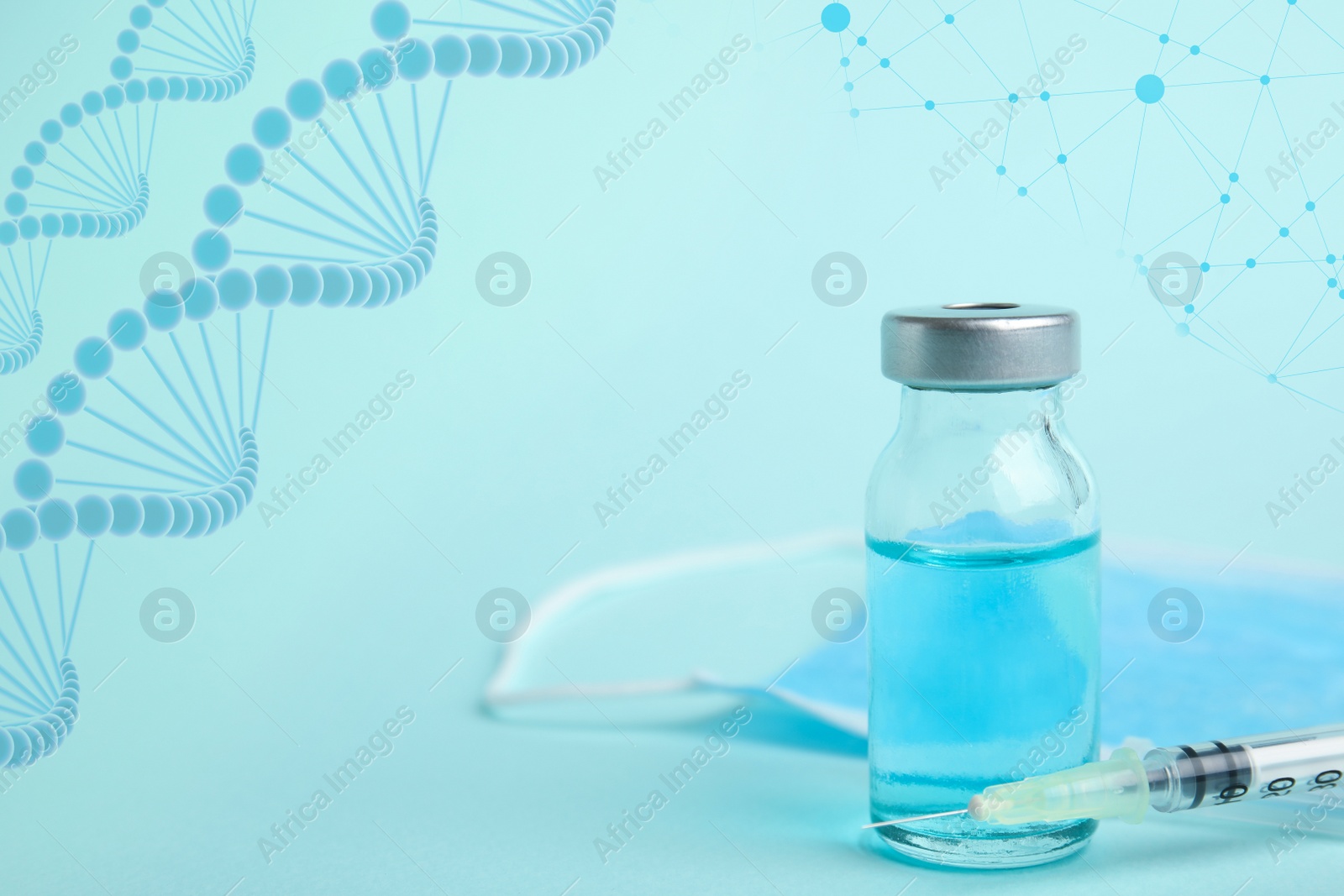 Image of Vial with vaccine, syringe and mask on turquoise background. Covid-19 prevention