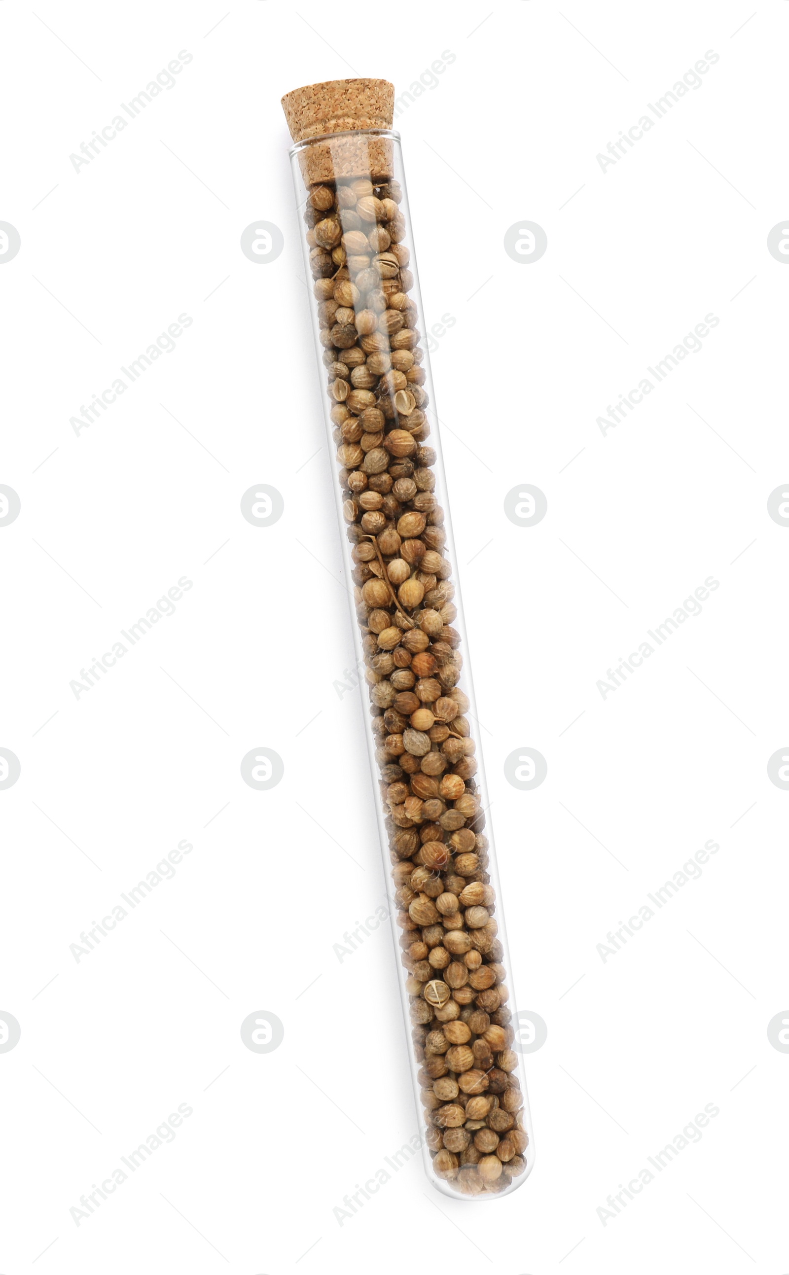 Photo of Glass tube with coriander seeds on white background, top view