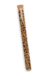 Photo of Glass tube with coriander seeds on white background, top view