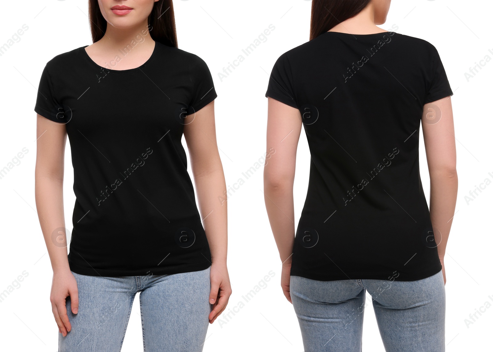 Image of Woman wearing casual black t-shirt on white background, closeup. Collage with back and front view photos. Mockup for design