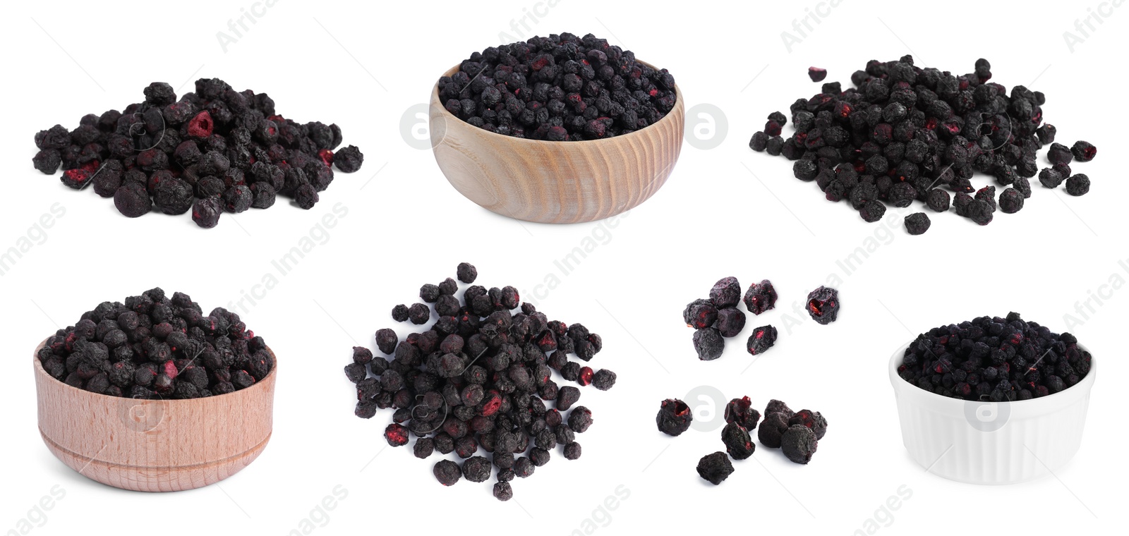 Image of Set with freeze dried blueberries on white background. Banner design