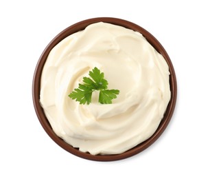 Photo of Bowl with delicious mayonnaise and parsley isolated on white, top view