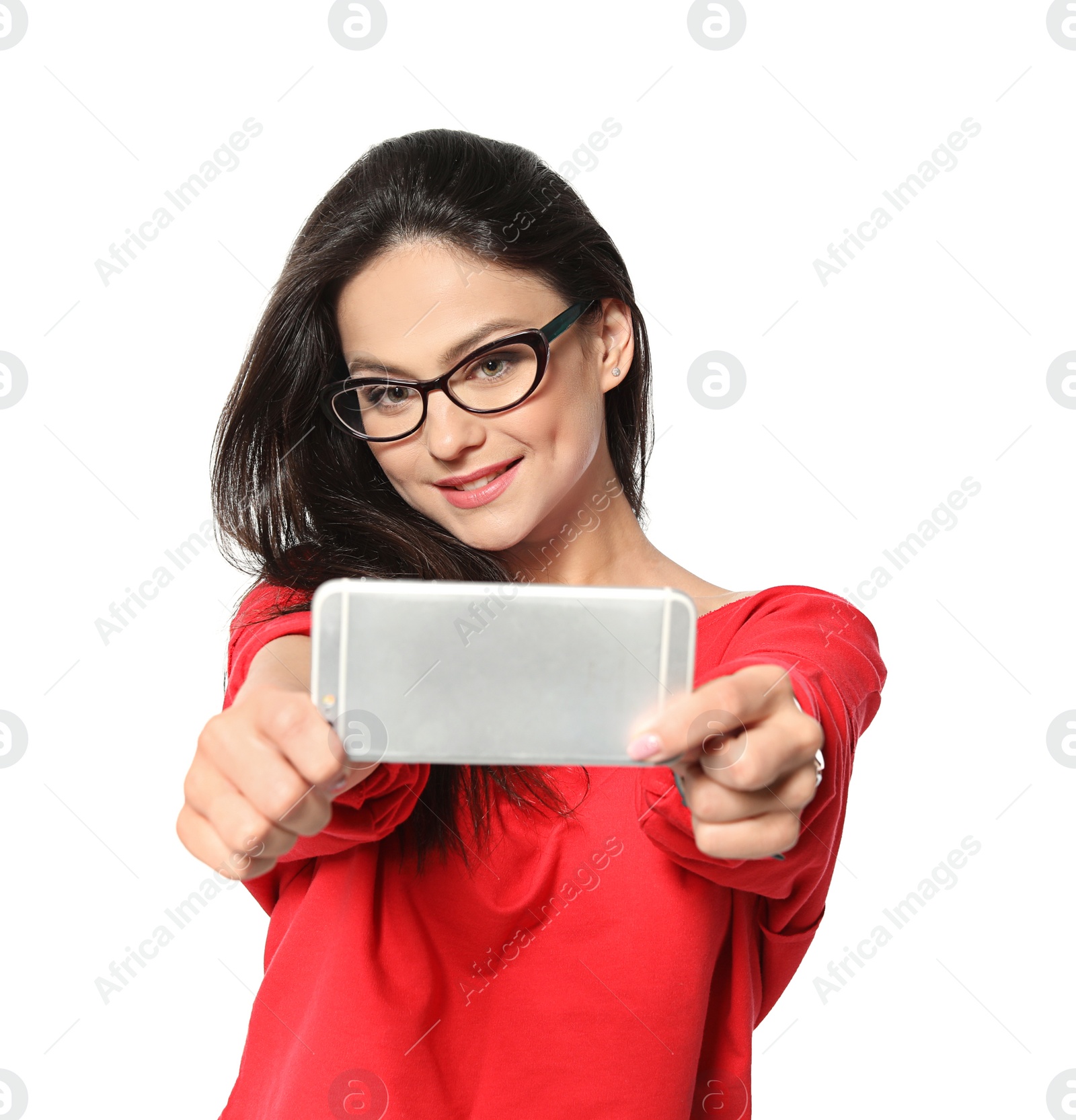 Photo of Attractive young woman taking selfie on white background