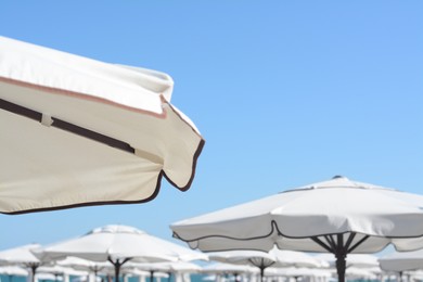 Photo of Beautiful white beach umbrellas against blue sky, space for text
