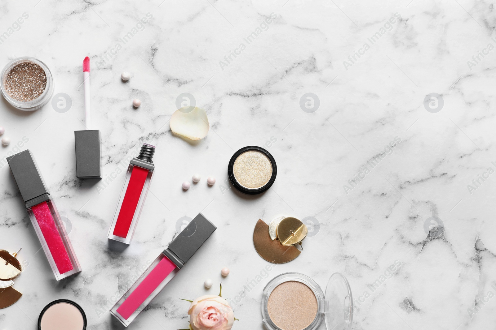Photo of Beautiful composition with lipsticks on light background, flat lay. Space for text