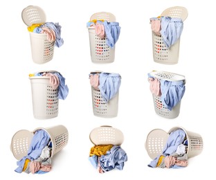 Collage with plastic laundry basket full of clothes on white background, views from different sides