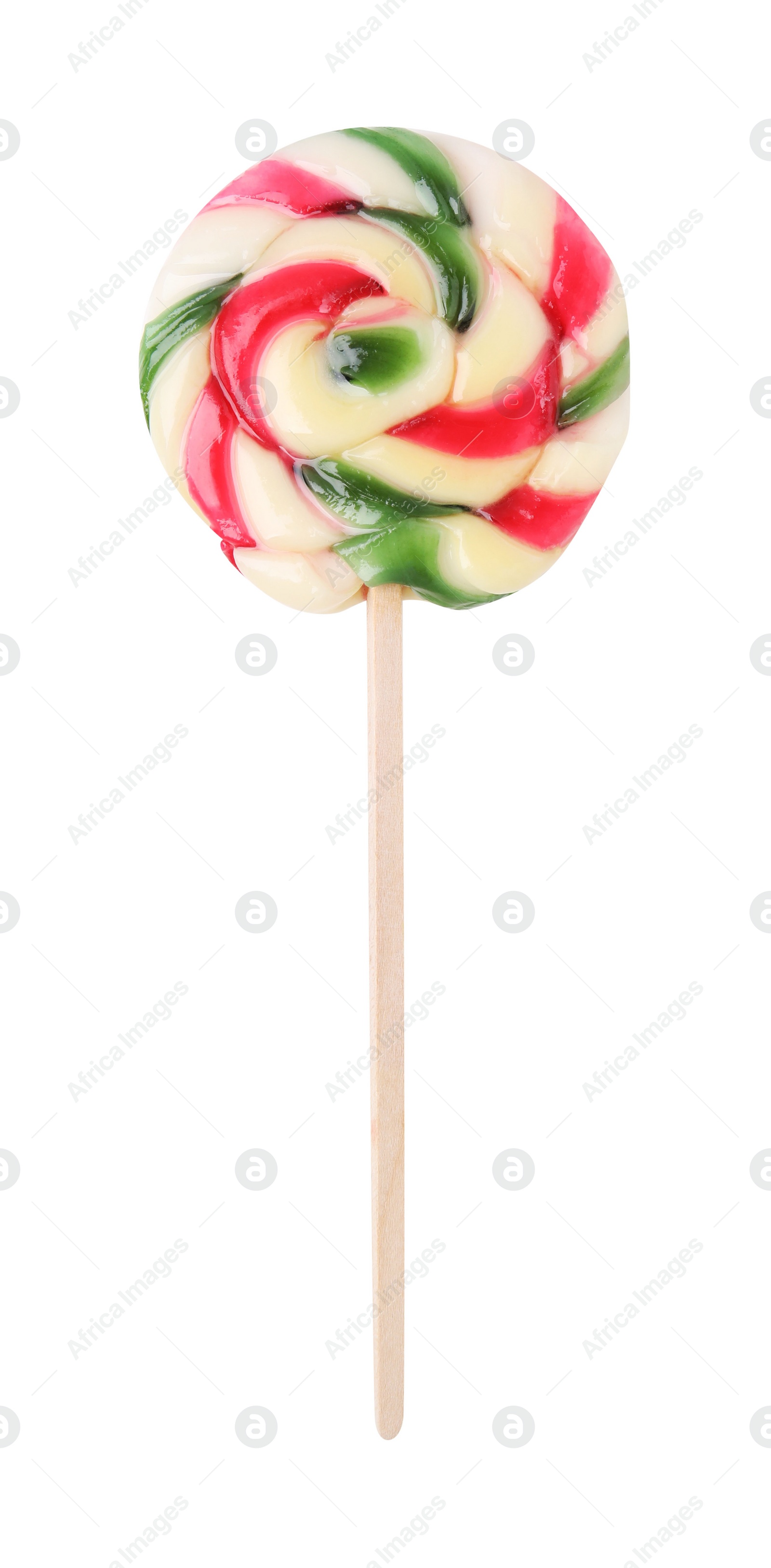 Photo of Colorful lollipop isolated on white, top view