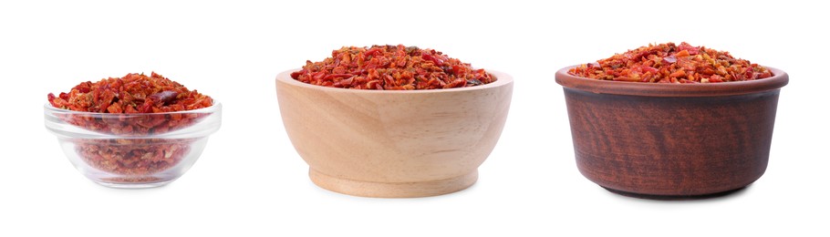 Image of Aromatic spices. Red chili pepper flakes in bowls on white background, set