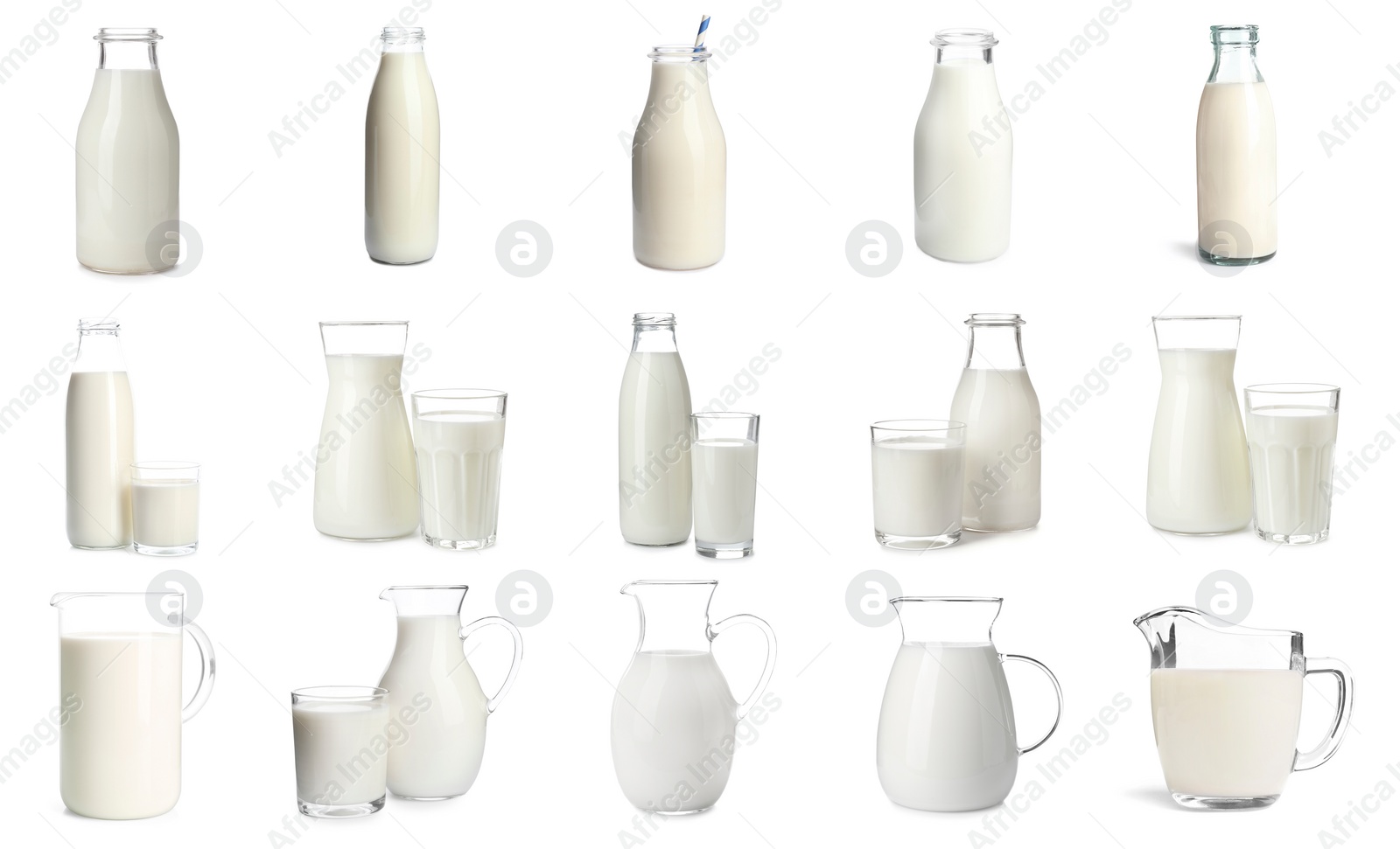 Image of Set with different glassware of fresh milk on white background