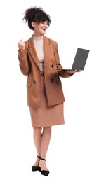 Beautiful happy businesswoman using laptop on white background