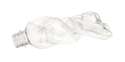 Photo of Crumpled disposable plastic bottle isolated on white