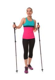 Photo of Woman with poles for Nordic walking isolated on white