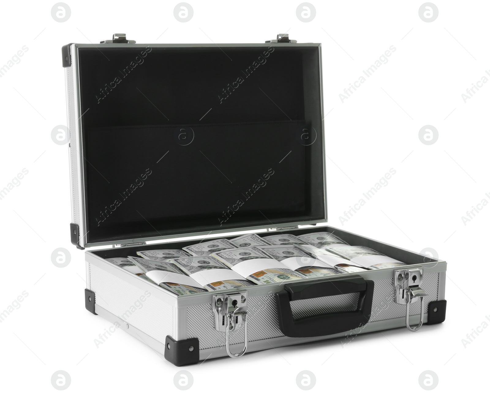 Photo of Open hard case full of money on white background