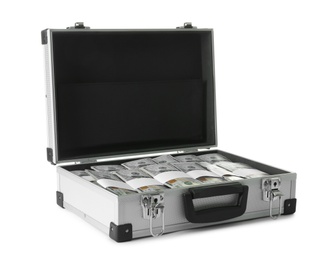 Photo of Open hard case full of money on white background