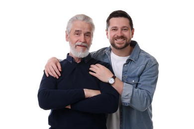 Happy son and his dad on white background