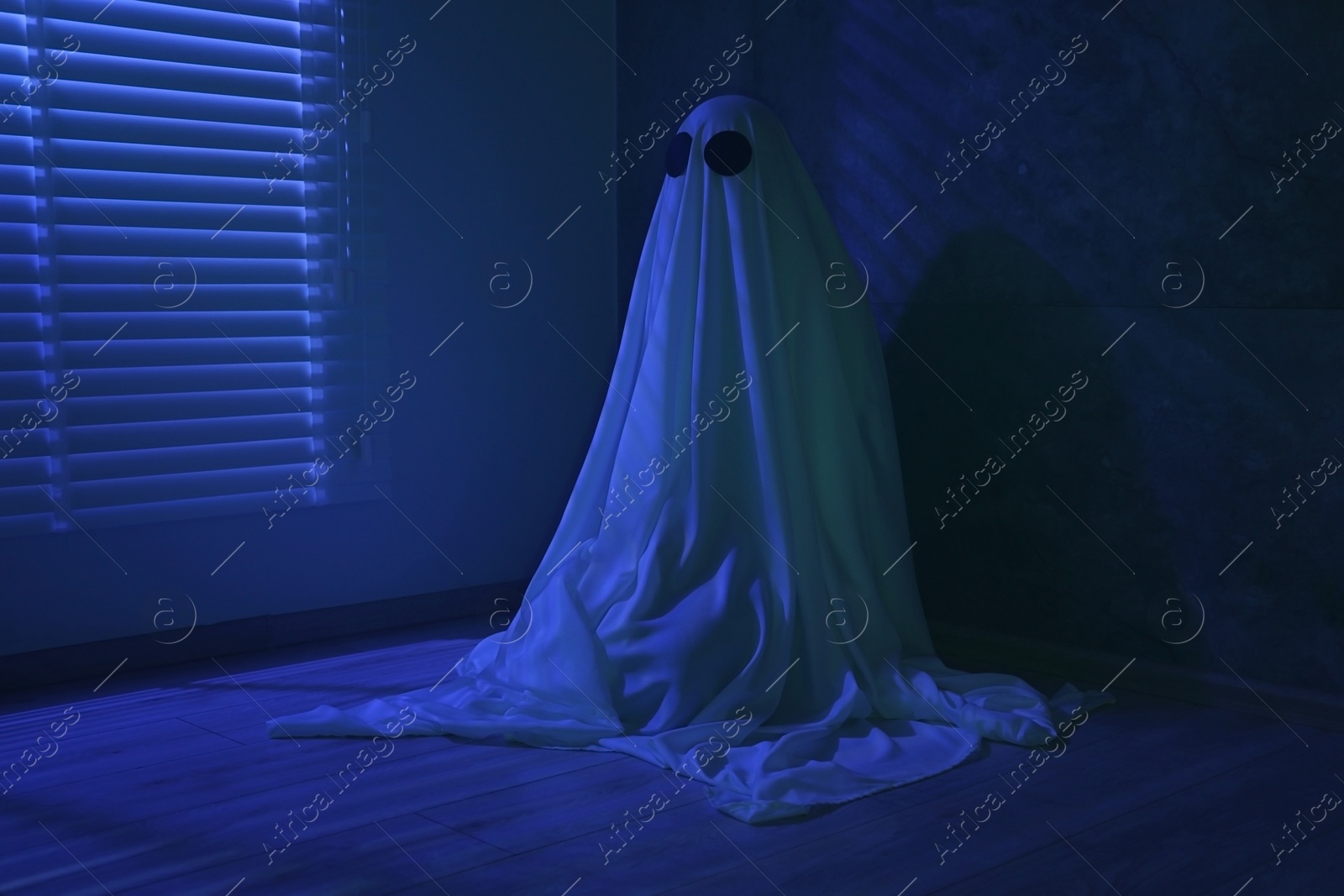 Photo of Creepy ghost. Woman covered with sheet near window in blue light