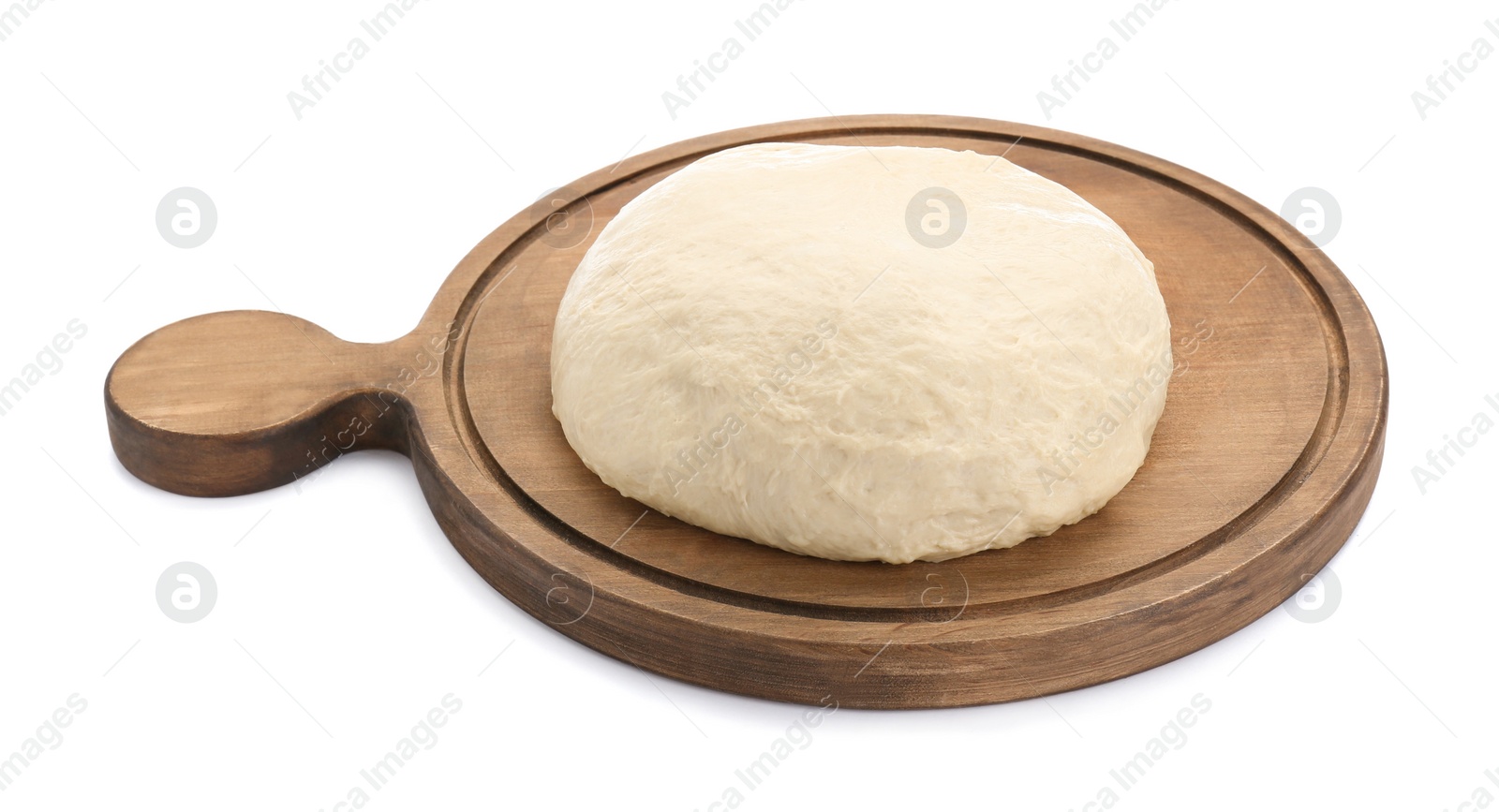 Photo of Fresh yeast dough and wooden board isolated on white