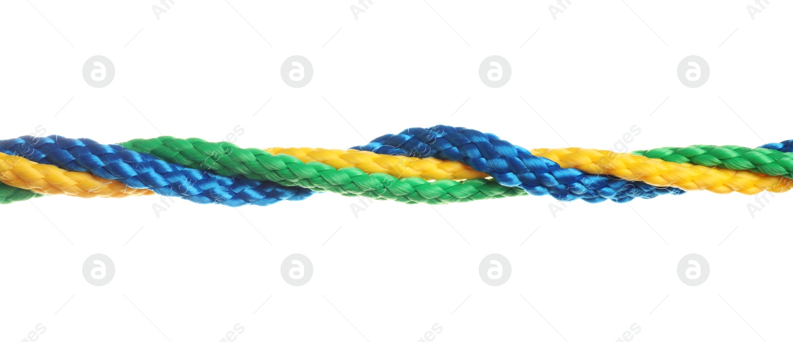 Photo of Twisted colorful ropes isolated on white. Unity concept