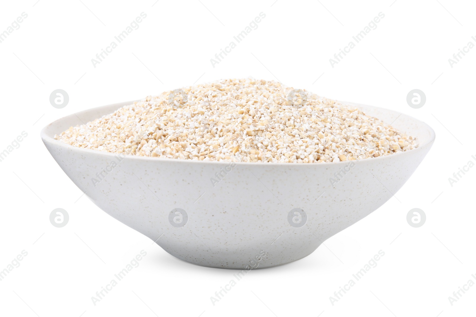 Photo of Dry barley groats in bowl isolated on white