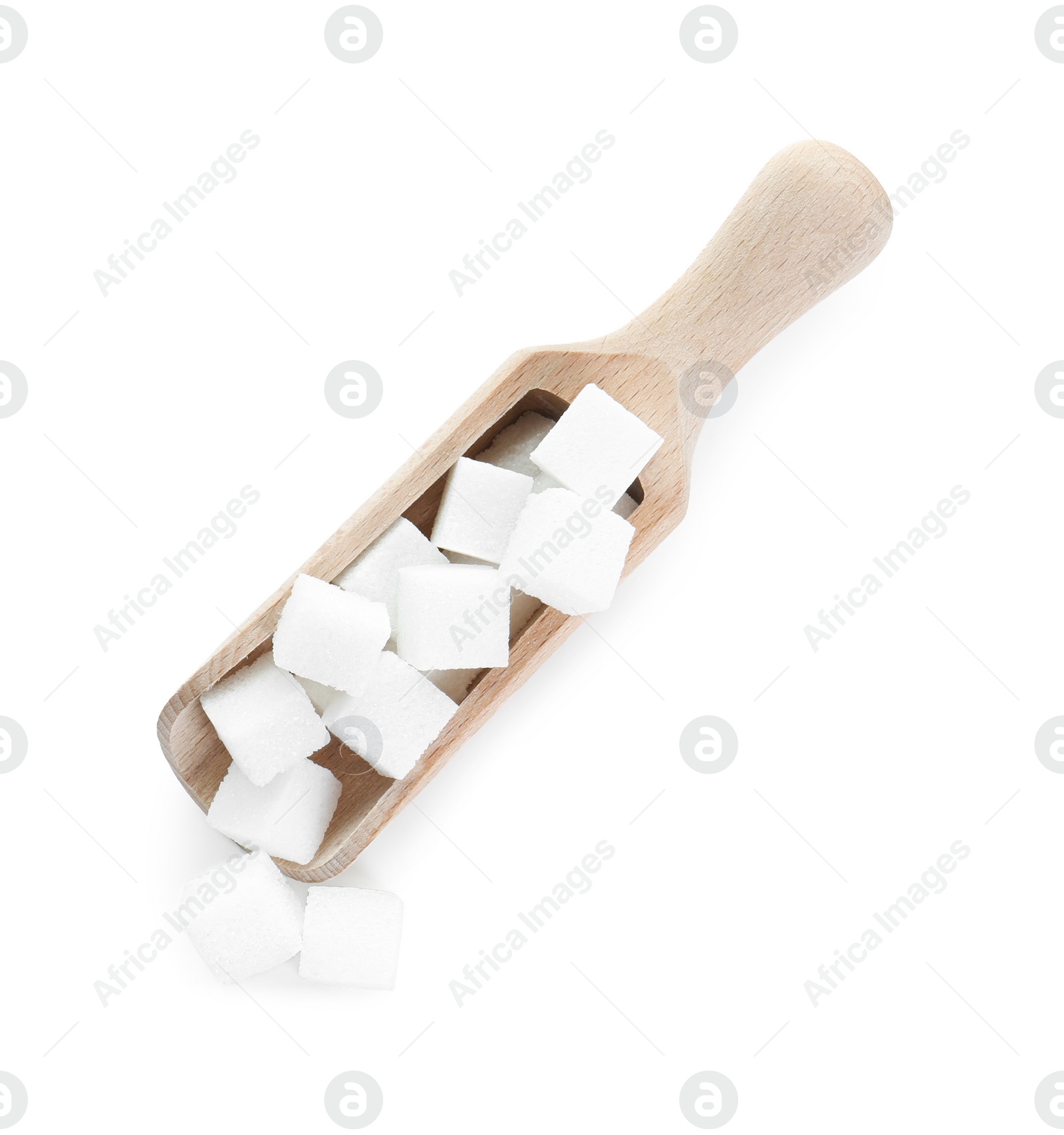 Photo of Sugar cubes in wooden scoop isolated on white, top view