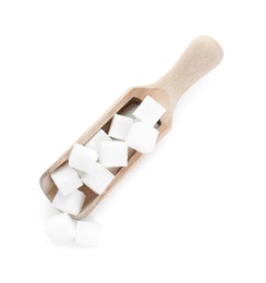 Sugar cubes in wooden scoop isolated on white, top view