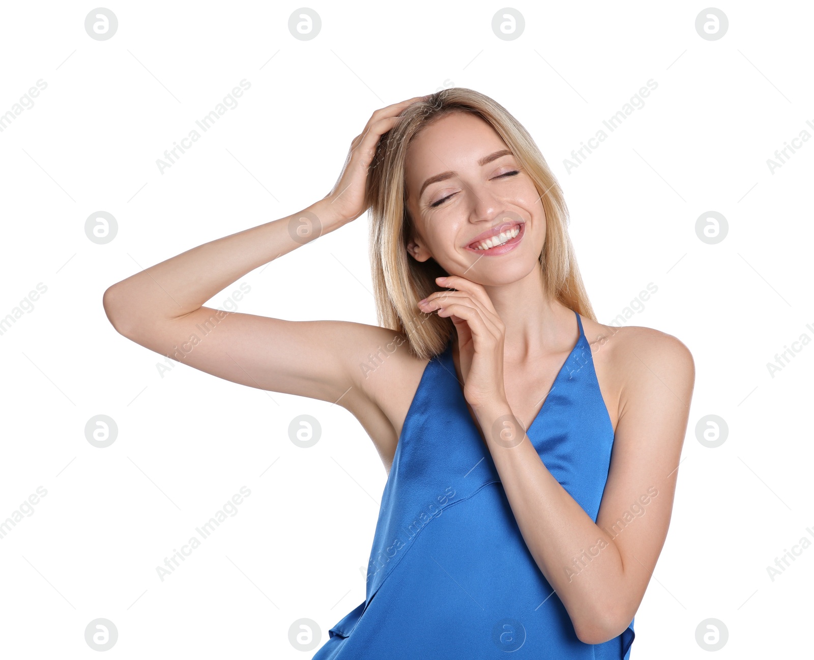 Photo of Portrait of beautiful young woman with blonde hair on white background