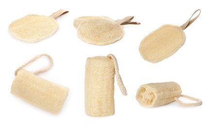 Image of Set with natural shower loofah sponges on white background