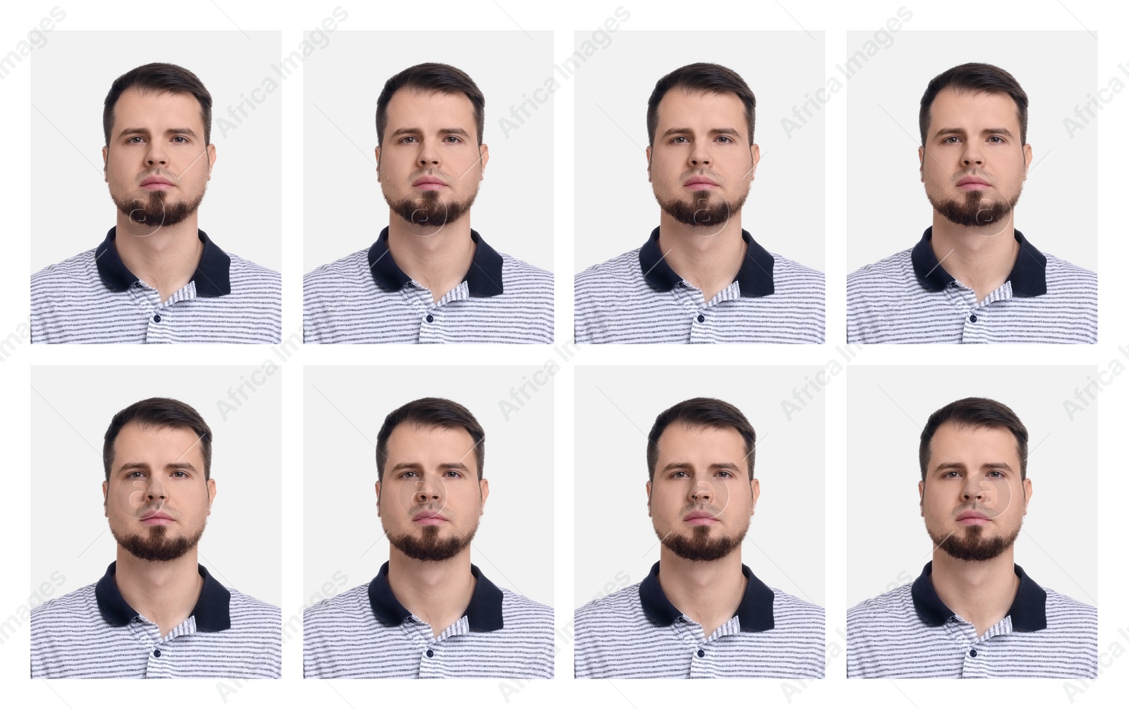 Image of Passport photo, collage. Man on white background, set of photos