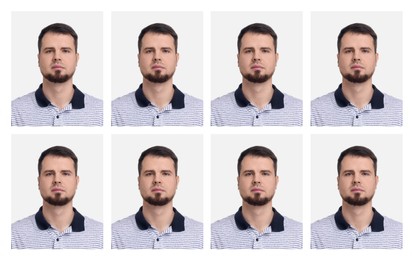 Passport photo, collage. Man on white background, set of photos