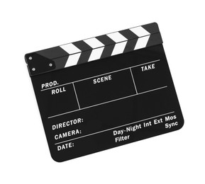 Photo of One movie clapper isolated on white. Film industry