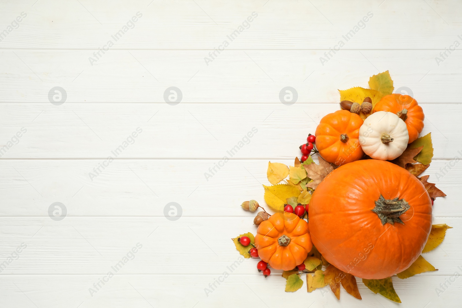 Photo of Flat lay composition with pumpkins and autumn leaves on white wooden table. Space for text