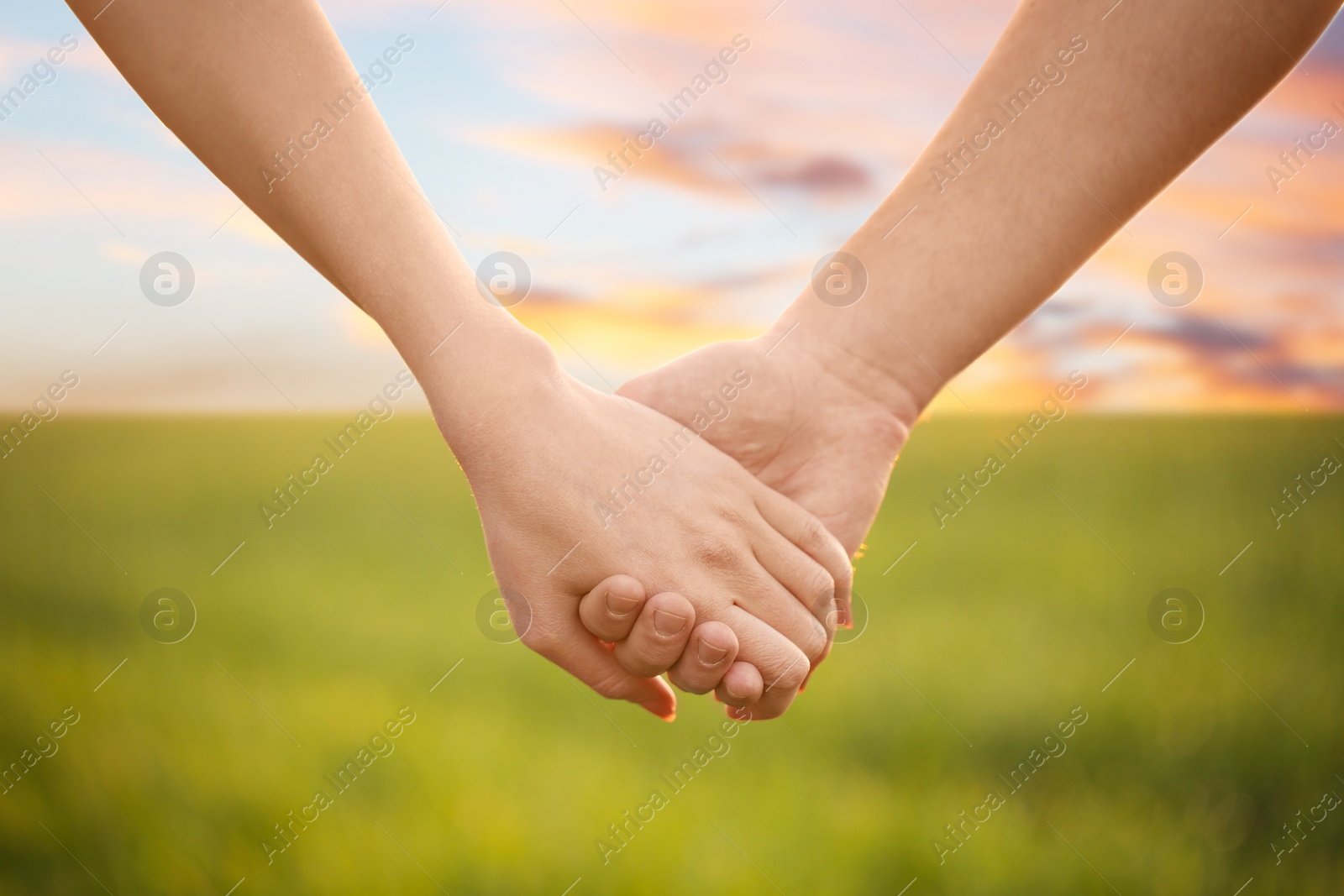 Photo of Young lovely couple holding hands in green field, closeup