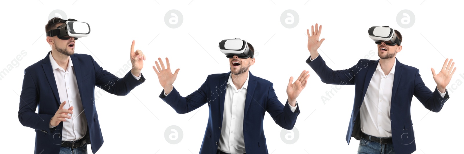 Image of Man using virtual reality headset on white background, collage. Banner design